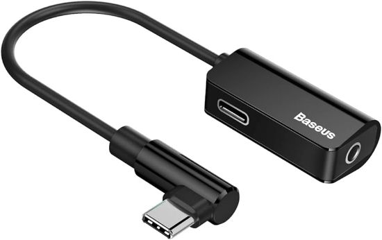 صورة محول صوت L45 USB-C الى نوع سي من باسيوس + وصلة صوت 3.5 ملم لجاك سماعة رأس، محول جاك بخاصية الغاء الضوضاء مثالي للالعاب، اسود