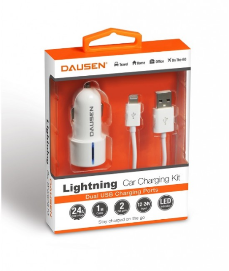 Picture of Dausen Lightning 2 USB Car Charger 2.4A- 1M